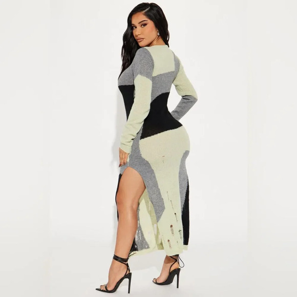 Kollyy Large Green/black/grey Colorblock Knit Distressed Slit Maxi Dress - Picture 2 of 13